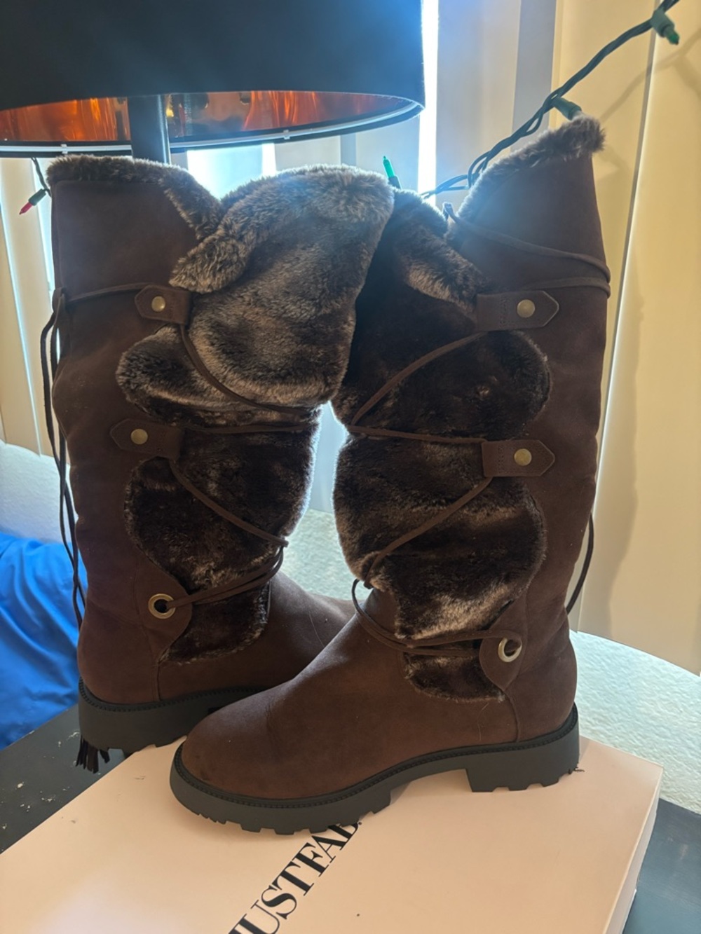 JustFab Brown Faux-Fur Lace-Up Knee-High Winter Boots